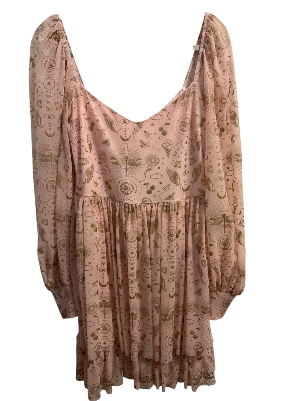 BlackMilk Whimsical Blush Pink Printed Long-Sleeve Tiered Dress Large